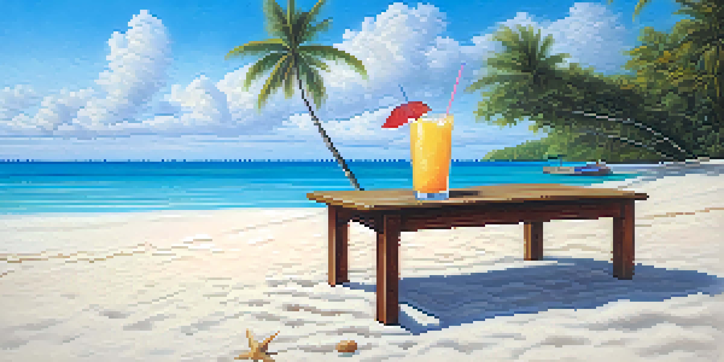 A tranquil beach with white sands, clear waters, and a coconut drink on a table under a palm tree during sunset.