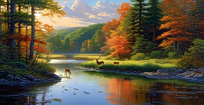 A peaceful national park at sunrise with green forests, a river, deer in the foreground, and birds in the sky.