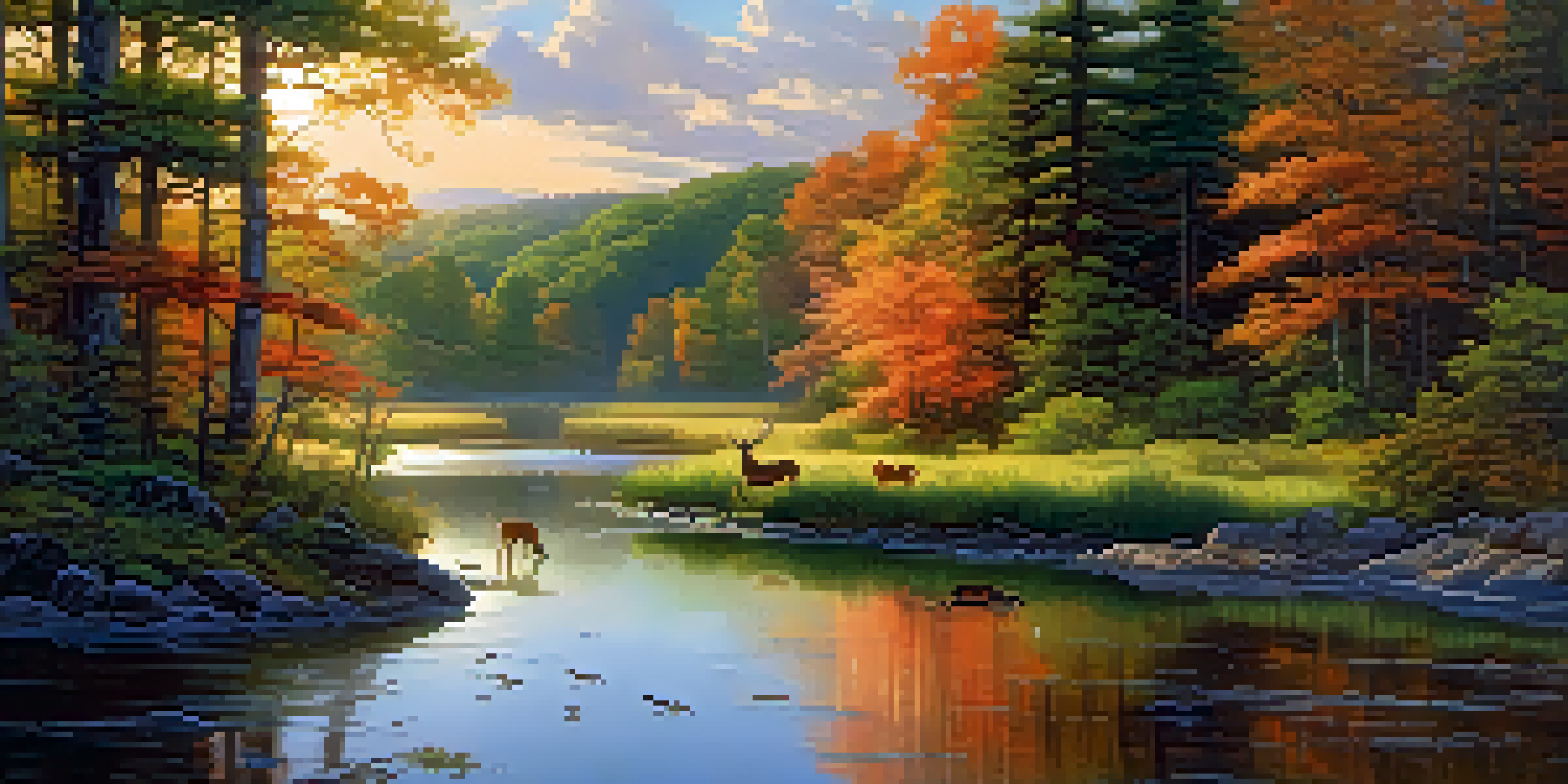 A peaceful national park at sunrise with green forests, a river, deer in the foreground, and birds in the sky.