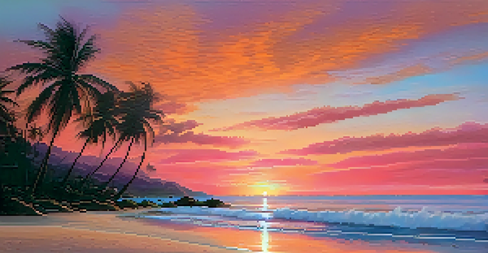 A serene Thai beach during sunset, with palm trees and colorful sky reflections on the water.