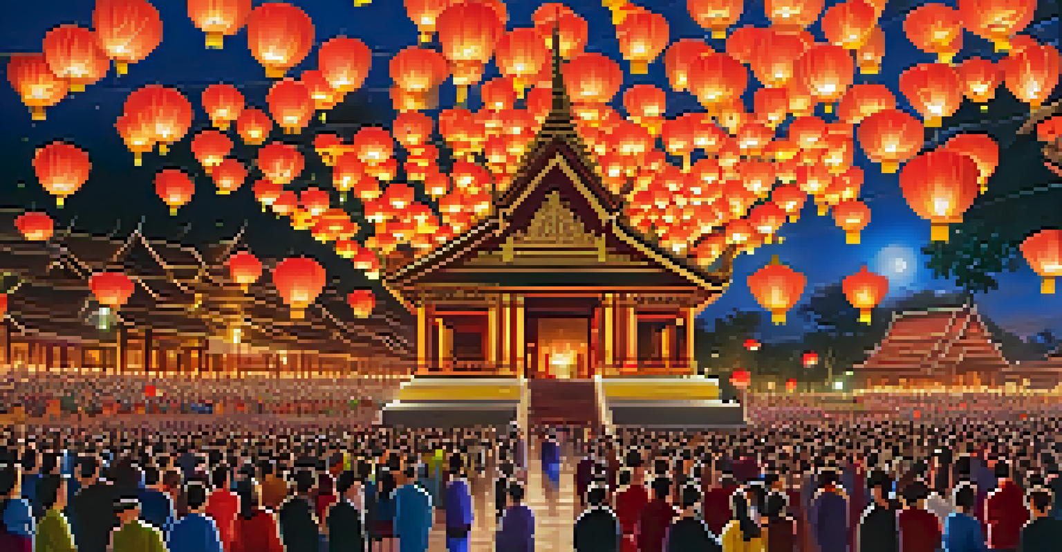 A lively night scene of the Yi Peng festival in Chiang Mai, with glowing lanterns in the sky above the beautifully decorated Wat Phra Singh temple.