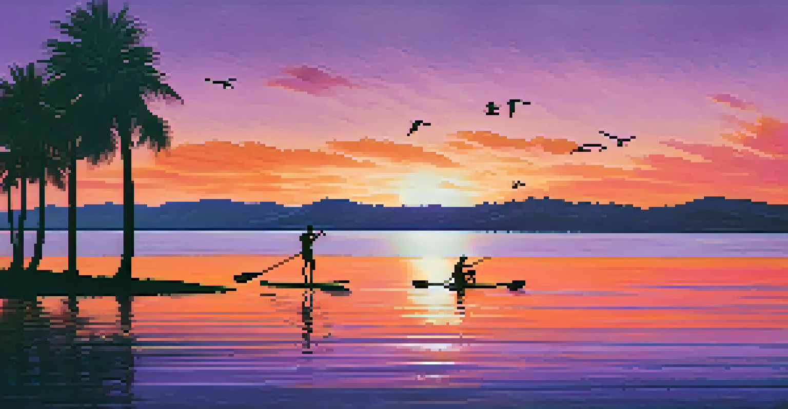 A paddleboarder gliding across a calm bay at sunset, with vibrant reflections on the water and silhouettes of palm trees in the background.