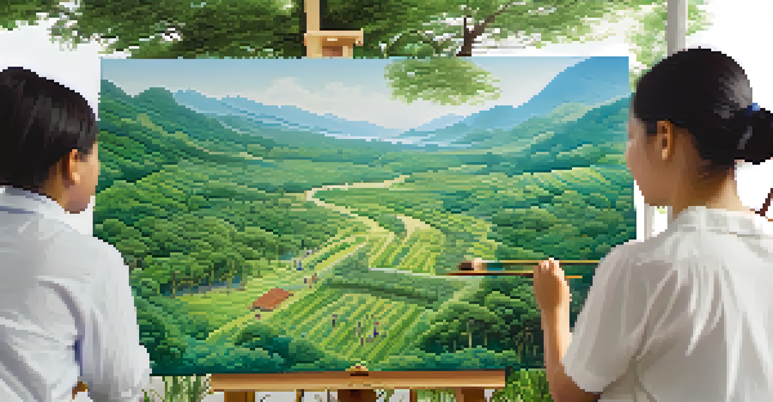 Locals and tourists planting trees together in a green landscape.