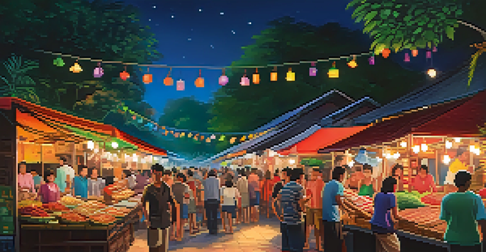 A lively night market in Thailand with stalls selling crafts and food, illuminated by colorful lanterns and filled with people enjoying the vibrant atmosphere.