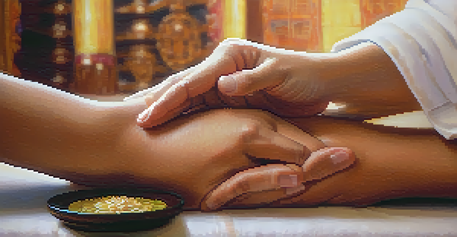 Close-up of hands applying acupressure on a client's body during a Thai massage, with soft lighting.