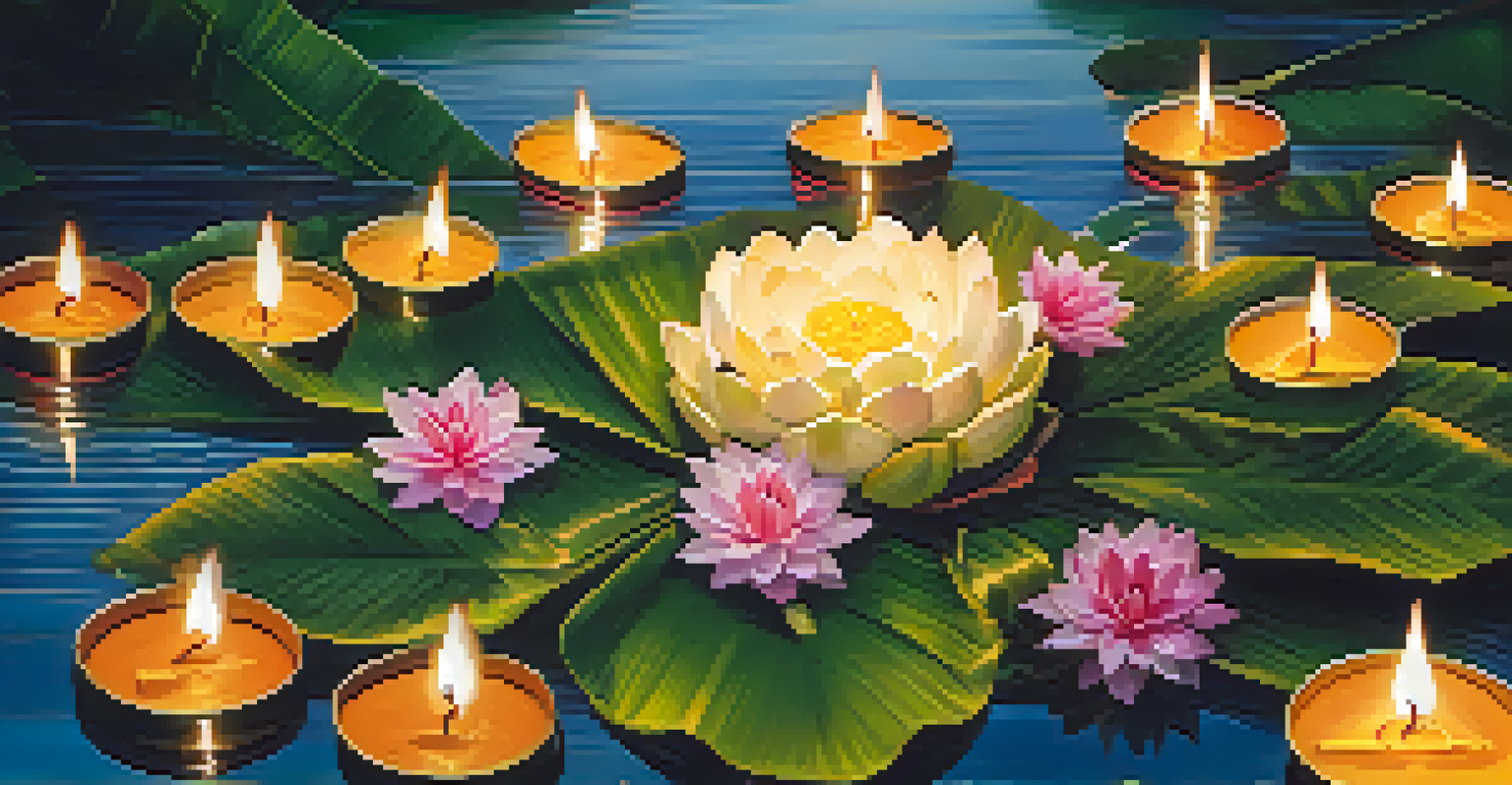 A close-up of a traditional krathong floating on water, decorated with flowers and candles, reflecting the light.
