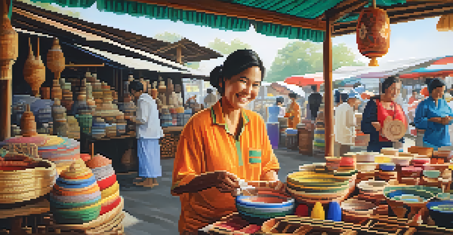 An artisan market in Thailand with a vendor smiling and showcasing handmade crafts under soft morning light.