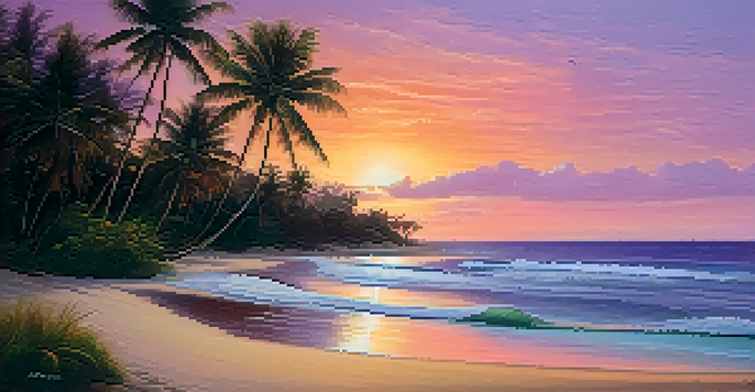 A tranquil sunset beach scene on Koh Lanta with soft golden sand and palm trees.