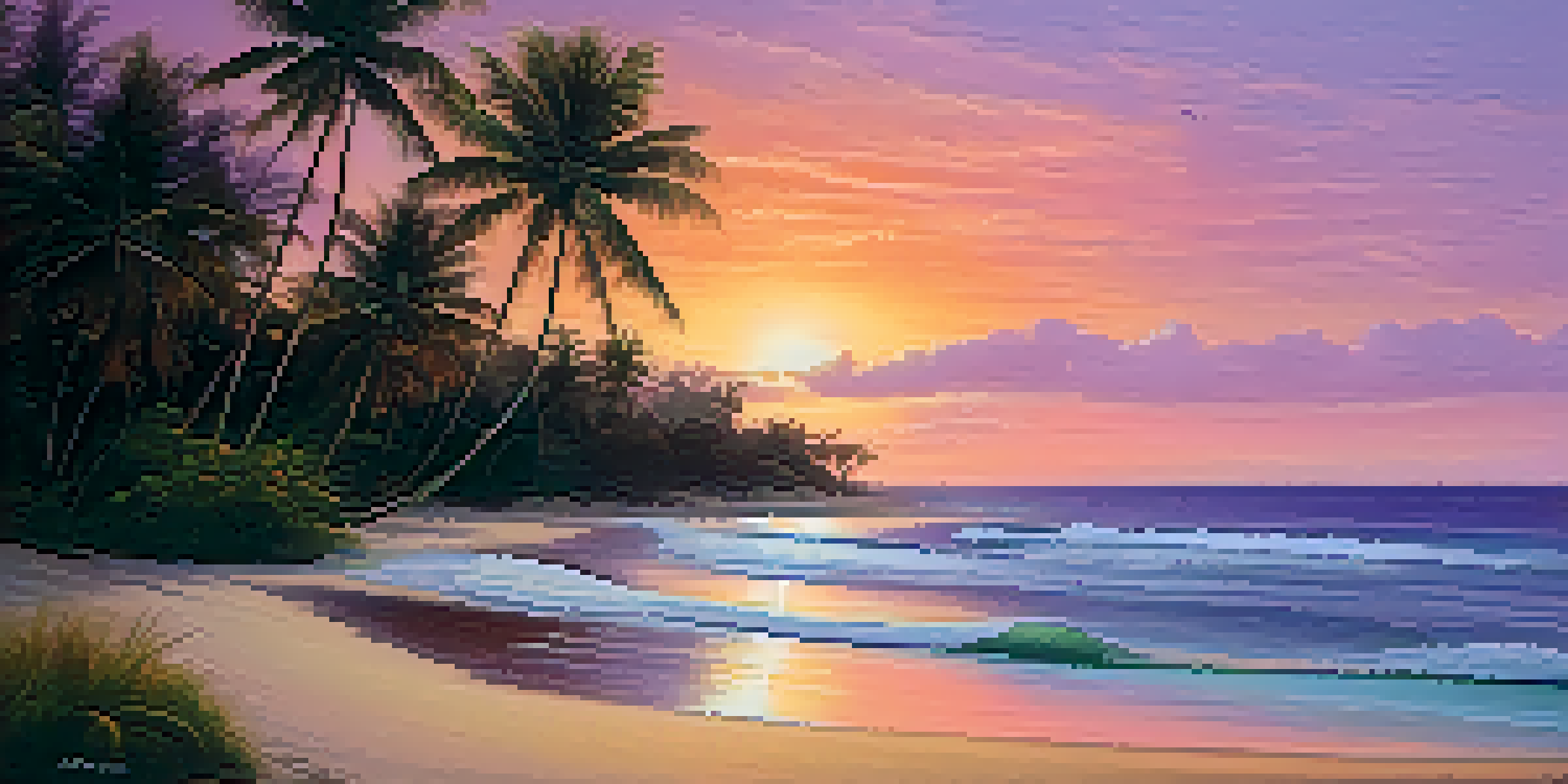 A tranquil sunset beach scene on Koh Lanta with soft golden sand and palm trees.