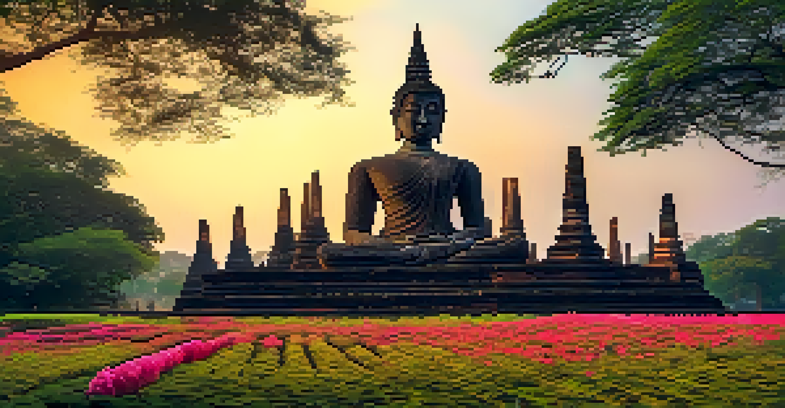 The ancient temple Wat Mahathat in Sukhothai, featuring a Buddha head surrounded by tree roots, illuminated by soft golden light.