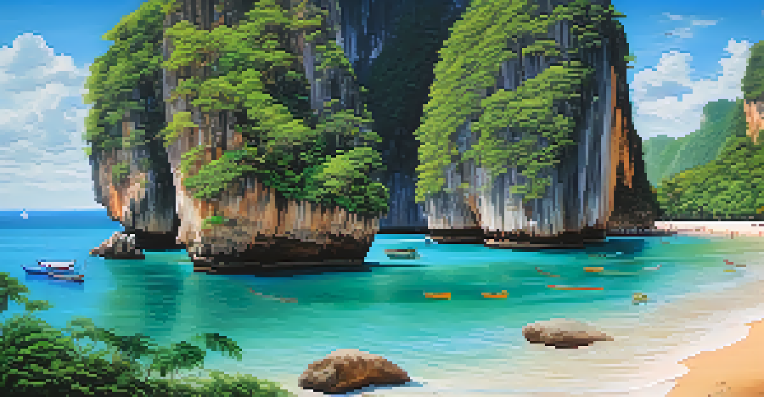 A panoramic view from the viewpoint at Phra Nang Beach, featuring soft sands, limestone cliffs, clear blue waters, and a bright blue sky.