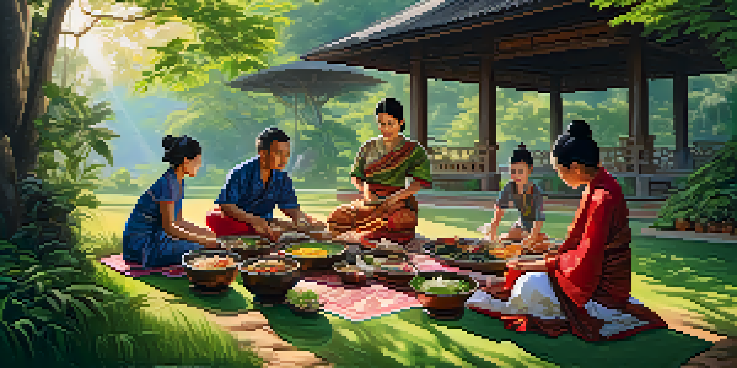 A local Thai family cooking traditional dishes in a lush garden, surrounded by vibrant flowers and traditional utensils, with sunlight filtering through the trees.