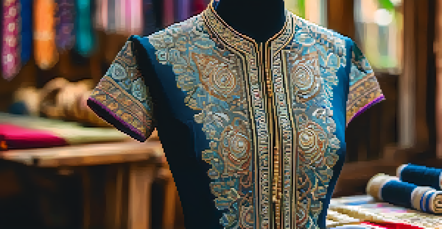 A detailed close-up of a beautifully crafted garment showcasing traditional Thai patterns and craftsmanship in a workshop setting.