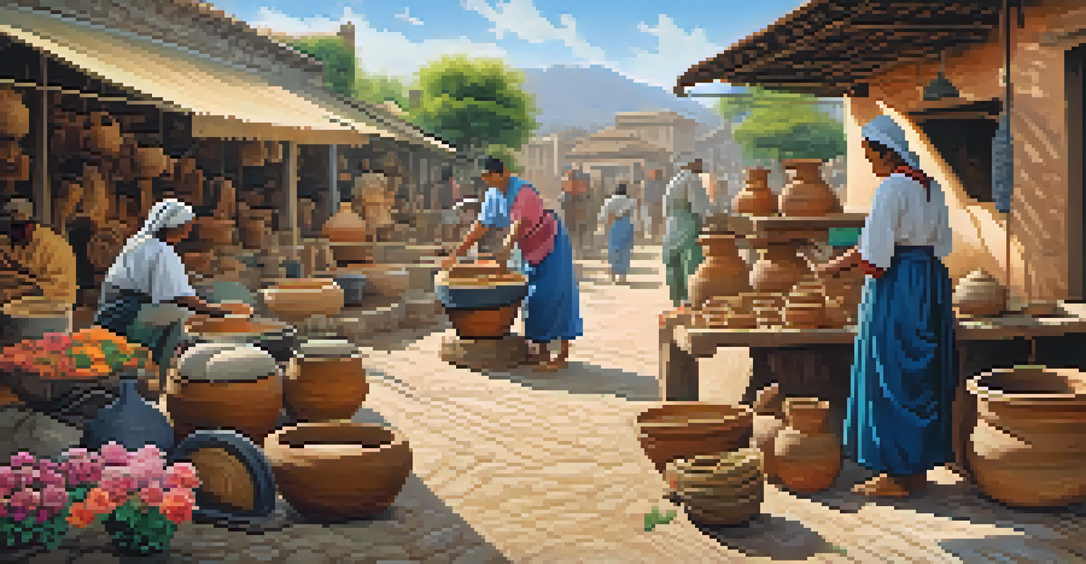 Artisans working in an outdoor market, with a potter and a weaver surrounded by flowers and greenery on a sunny day.