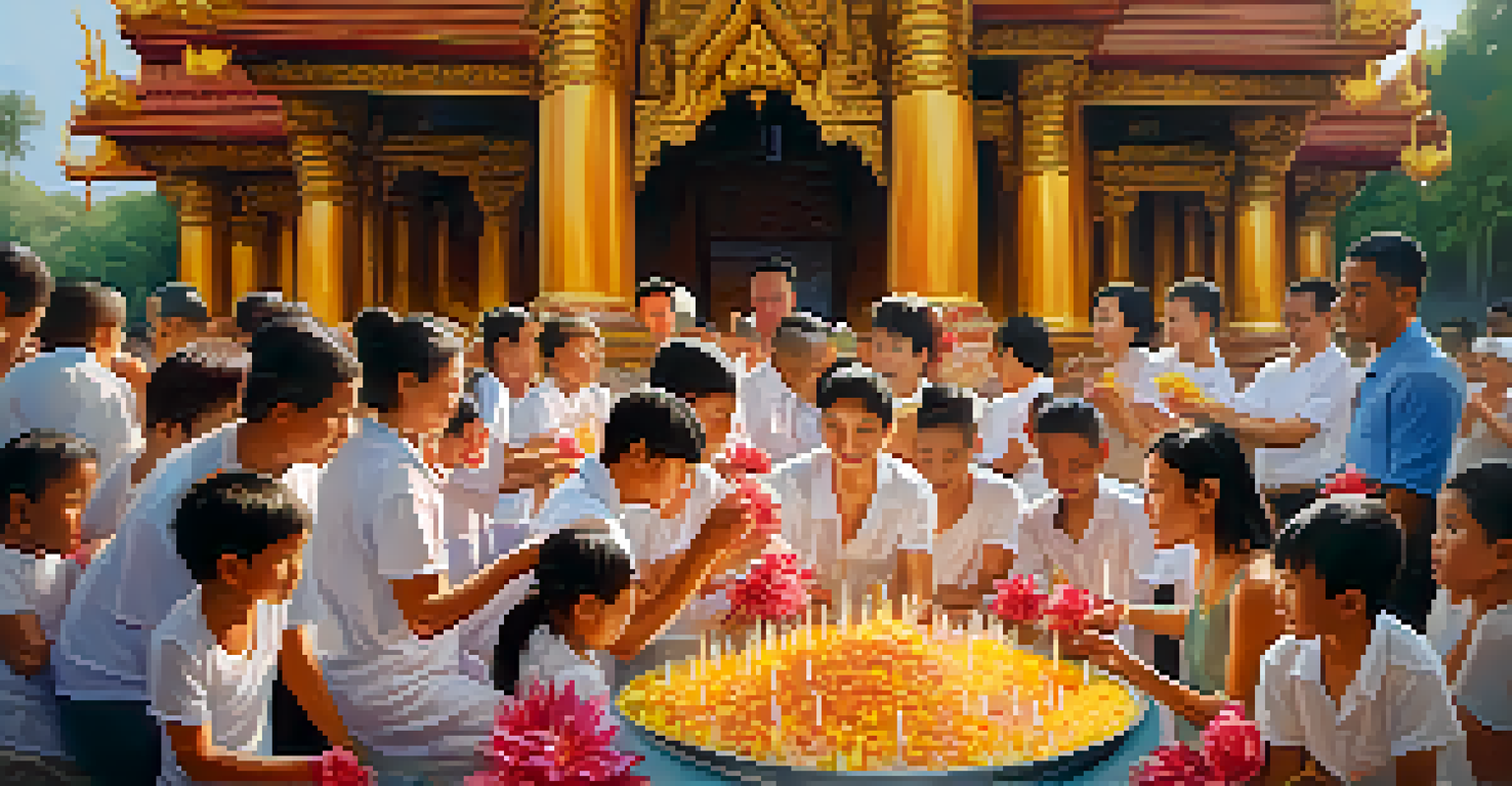 A tranquil temple scene during Songkran, with people pouring water over Buddha statues and engaging in rituals, surrounded by flowers and candles.