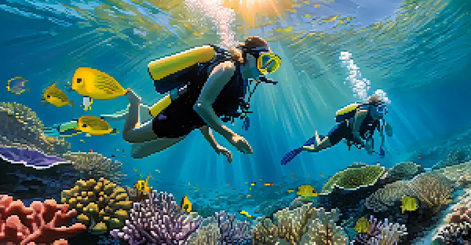 Volunteers planting coral underwater amidst vibrant marine life, with sunlight illuminating the scene.