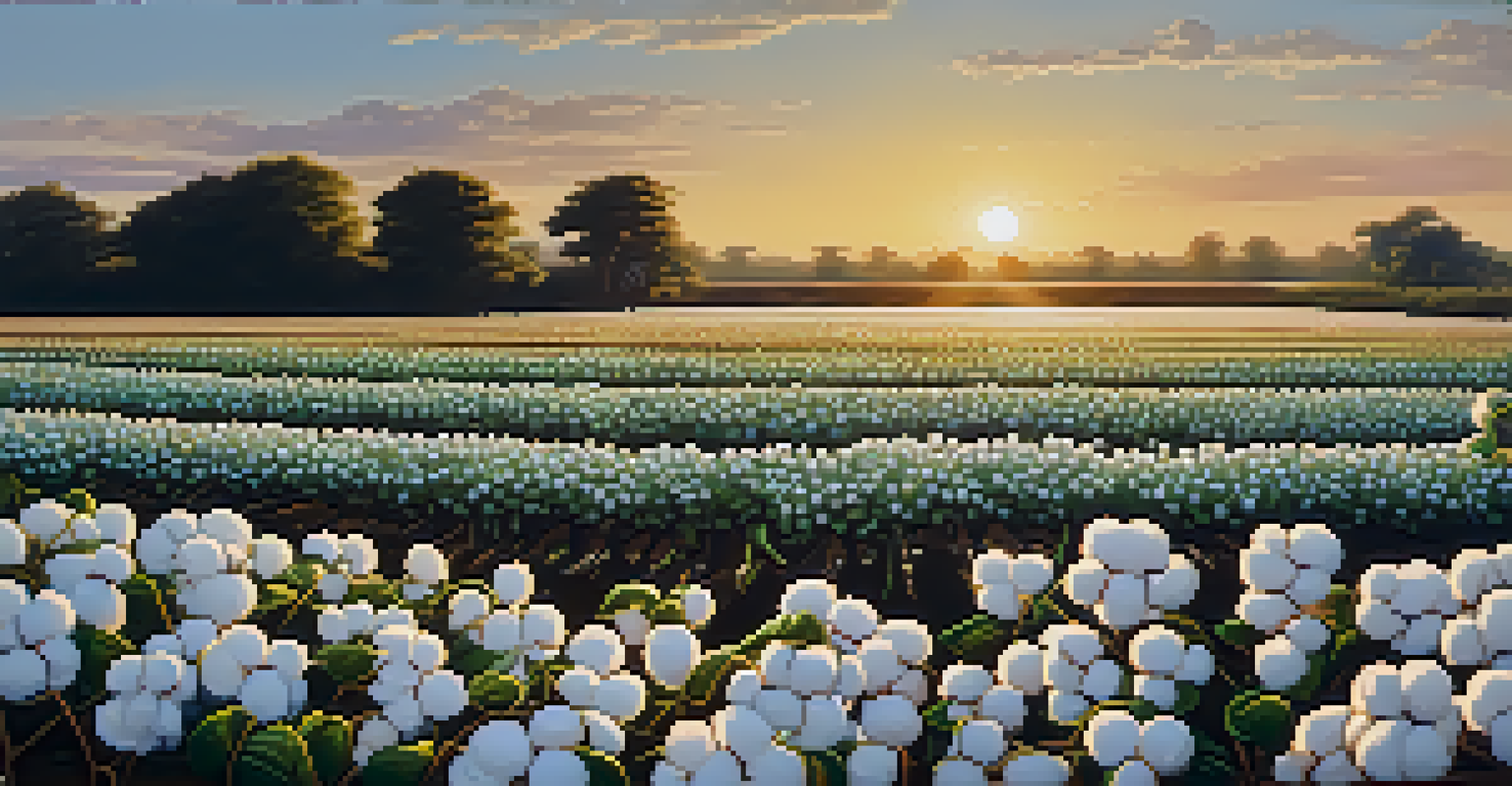 A picturesque organic cotton farm in Thailand at sunset, with rows of cotton plants and a golden glow illuminating the landscape.