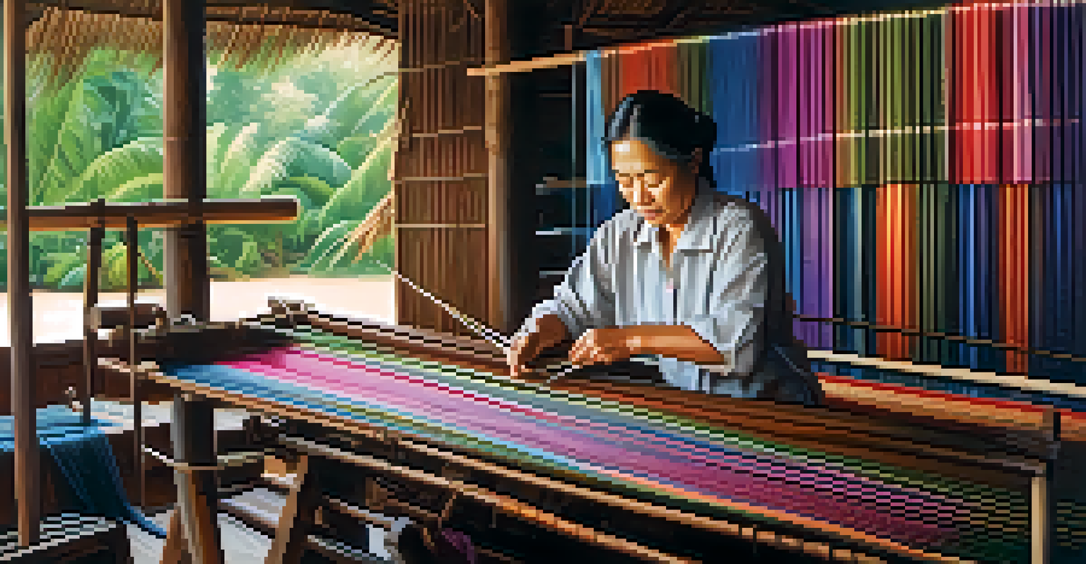 A skilled artisan weaving traditional Thai silk in a workshop, surrounded by vibrant fabrics and a weaving loom.