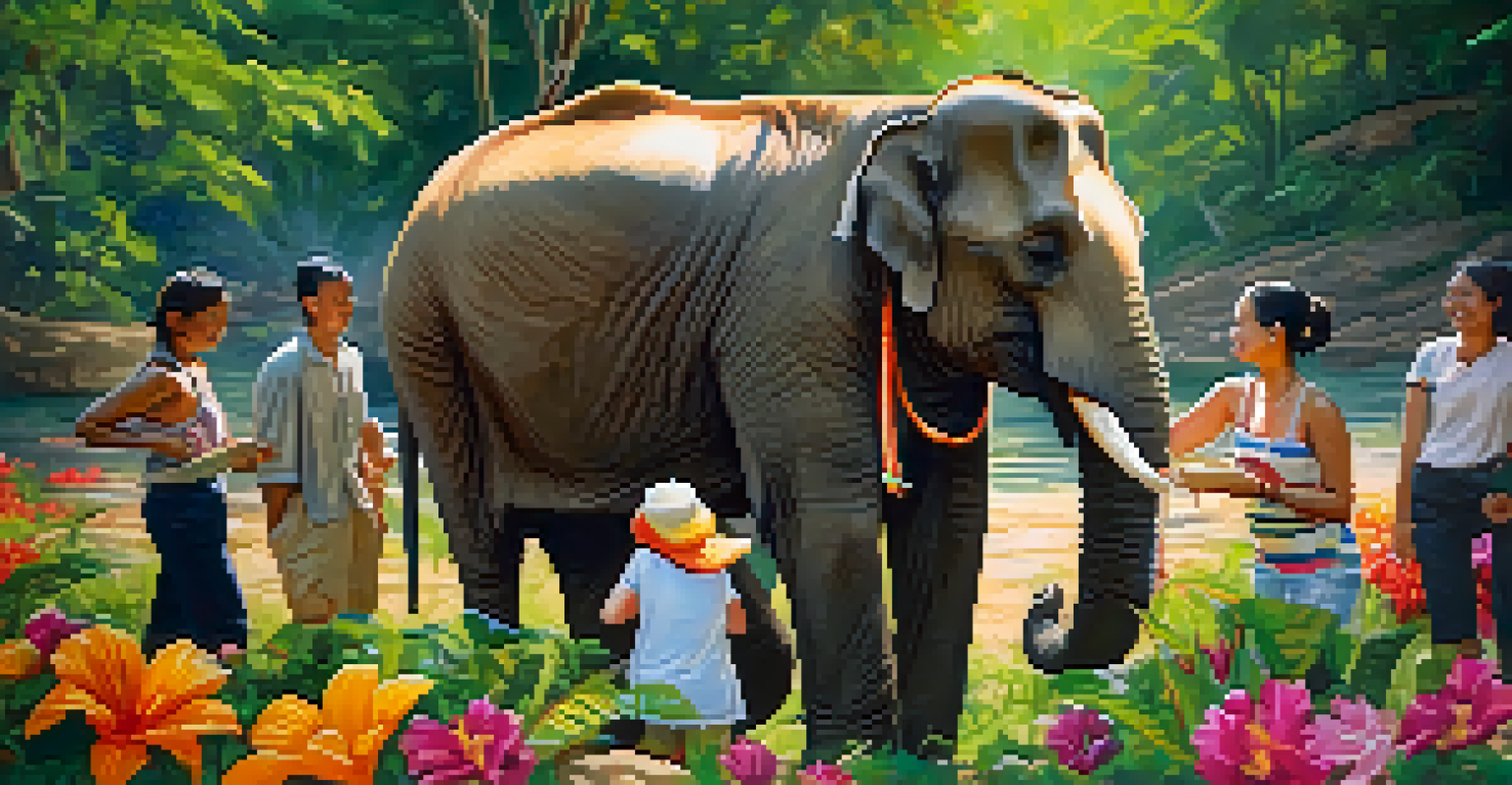 Visitors interacting with rescued elephants at the Elephant Nature Park, surrounded by lush greenery and colorful flowers, under warm sunlight.