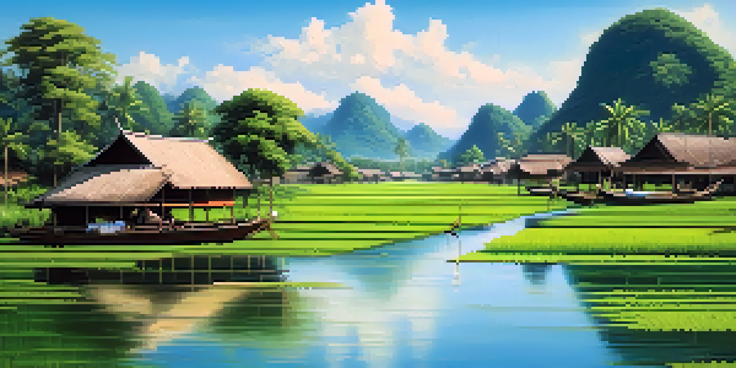 A picturesque view of rice paddies and a wooden boat on a river in rural Thailand, with mountains and stilt houses in the background.