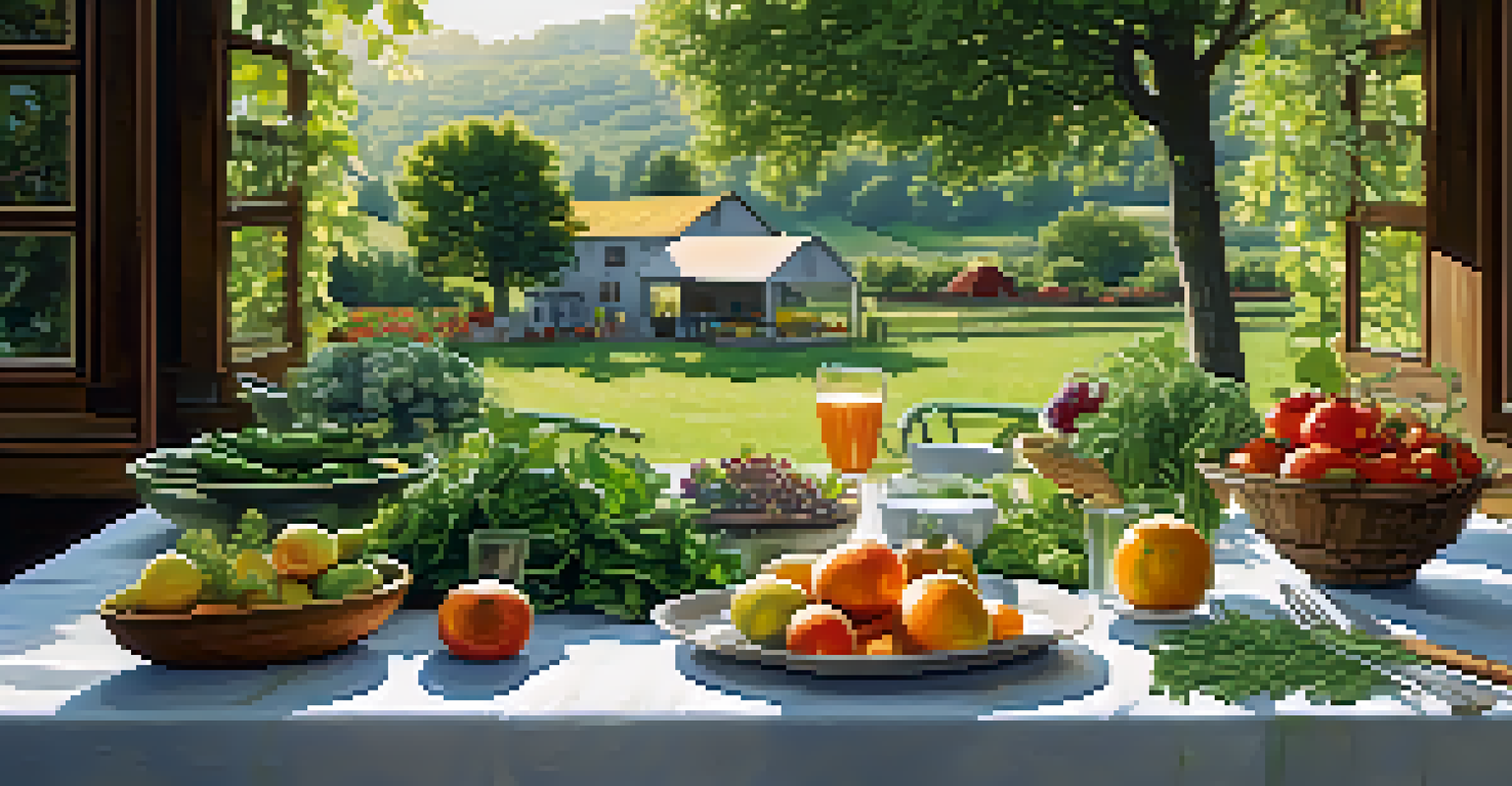 A picturesque farm-to-table dining setup in a garden, featuring fresh ingredients and natural sunlight.