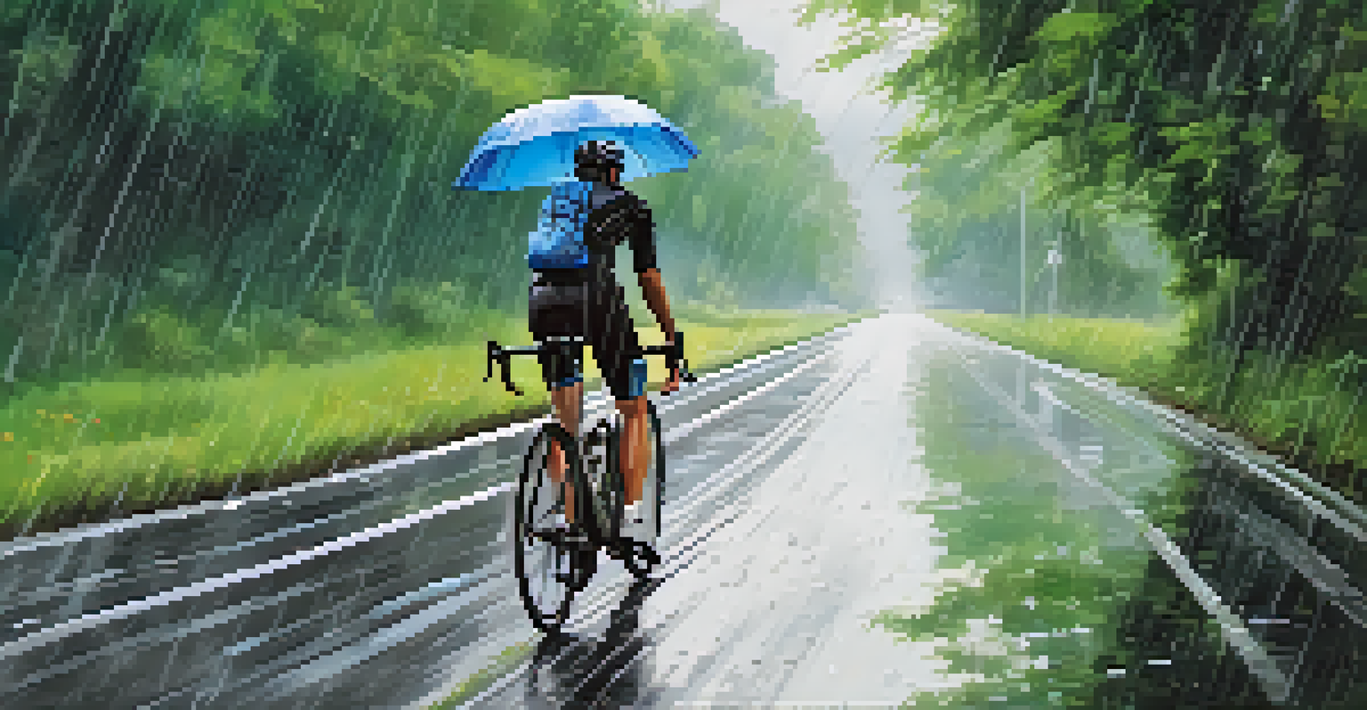 A cyclist in waterproof clothing riding through a lush green landscape on a rainy day in Thailand, with raindrops falling around.