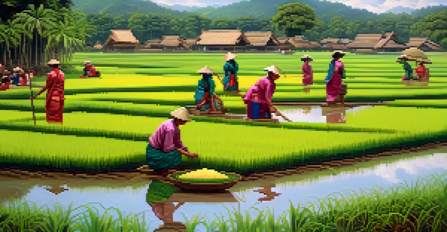 Farmers participating in a rice planting festival in Thailand, honoring nature spirits with offerings in a green landscape.