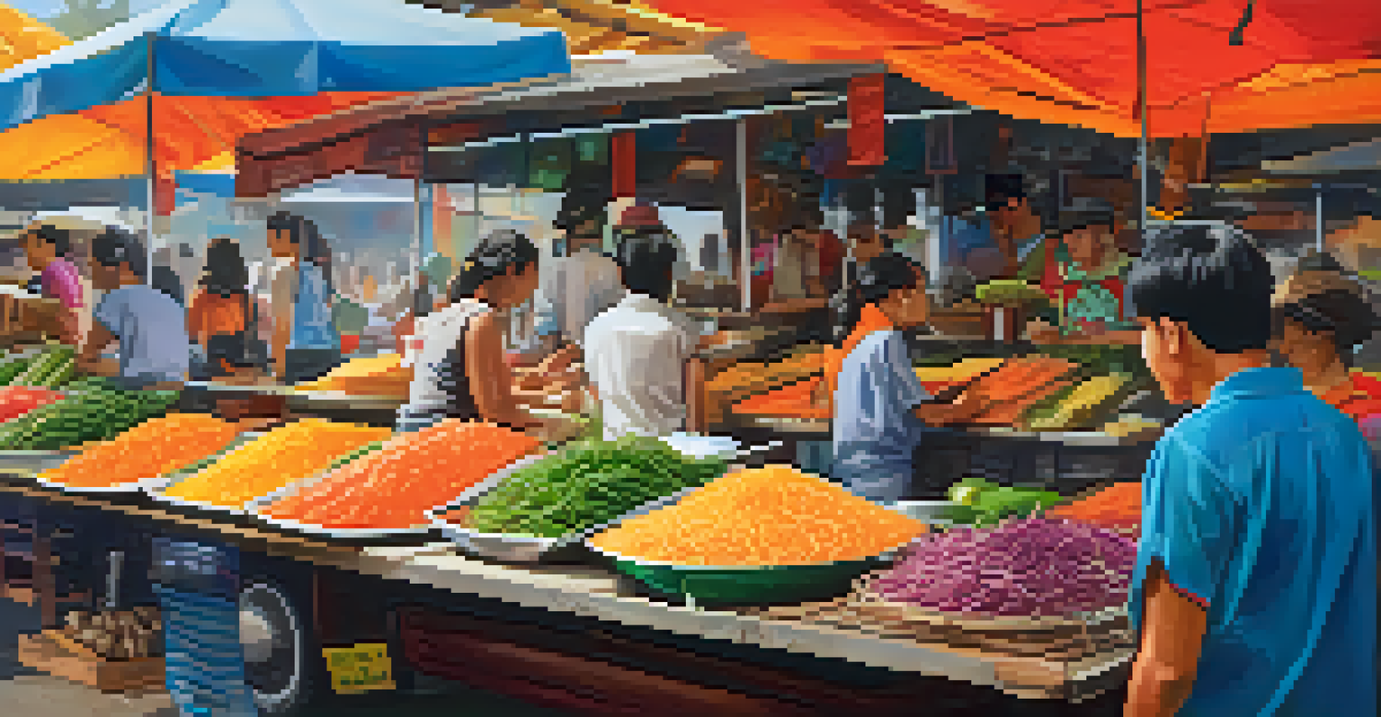 A close-up of a street food stall in Thailand featuring colorful dishes like papaya salad and mango sticky rice.