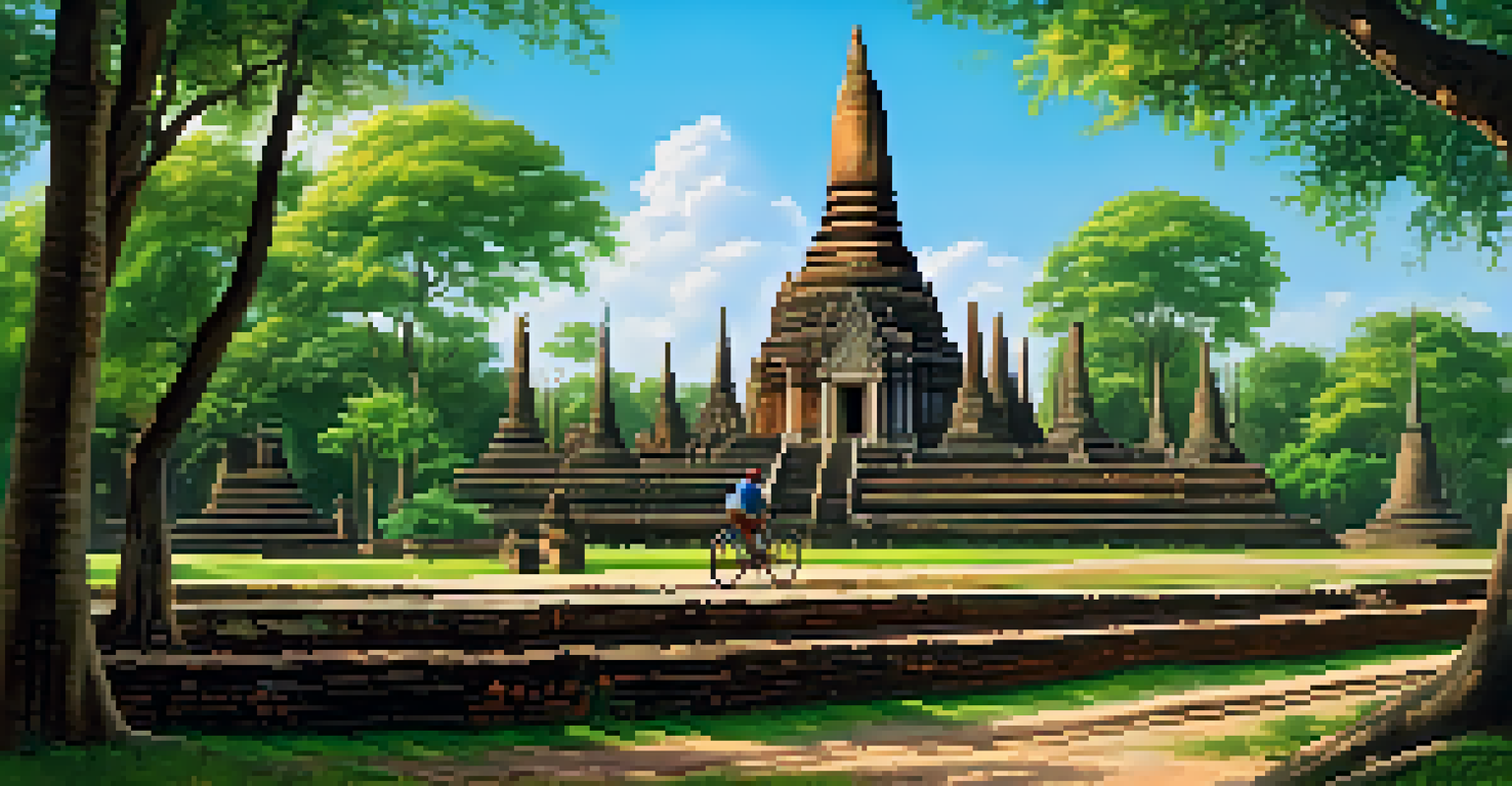 A cyclist exploring the ancient ruins of Ayutthaya with the Wat Phra Si Sanphet temple in the background under a clear blue sky.