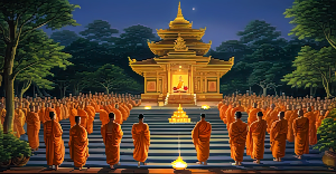 A peaceful temple scene depicting monks meditating by candlelight, with a full moon in the background and lush greenery around.