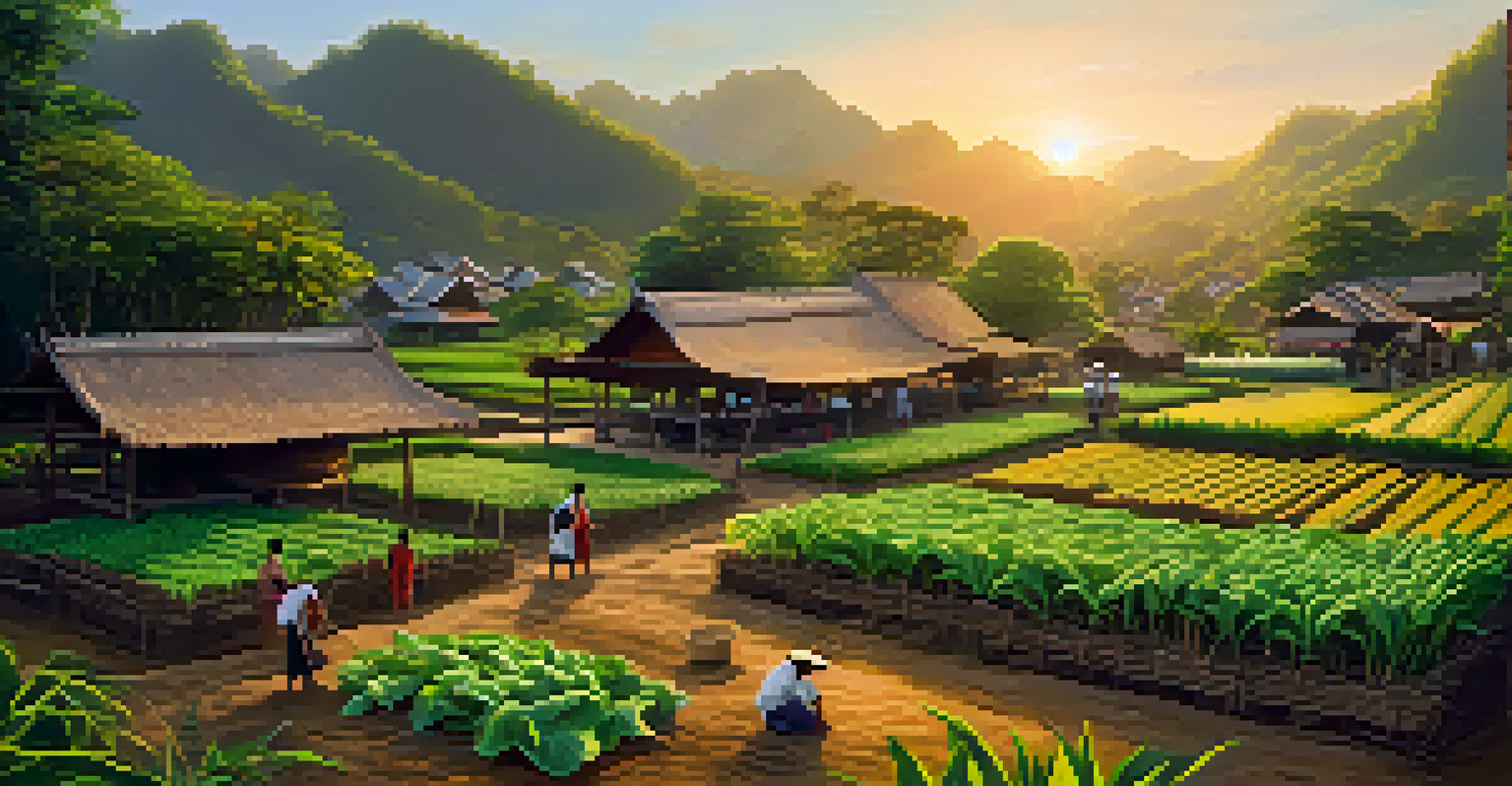 Local villagers in Thailand working in a sustainable garden with traditional houses and lush greenery, illuminated by the warm glow of sunset.