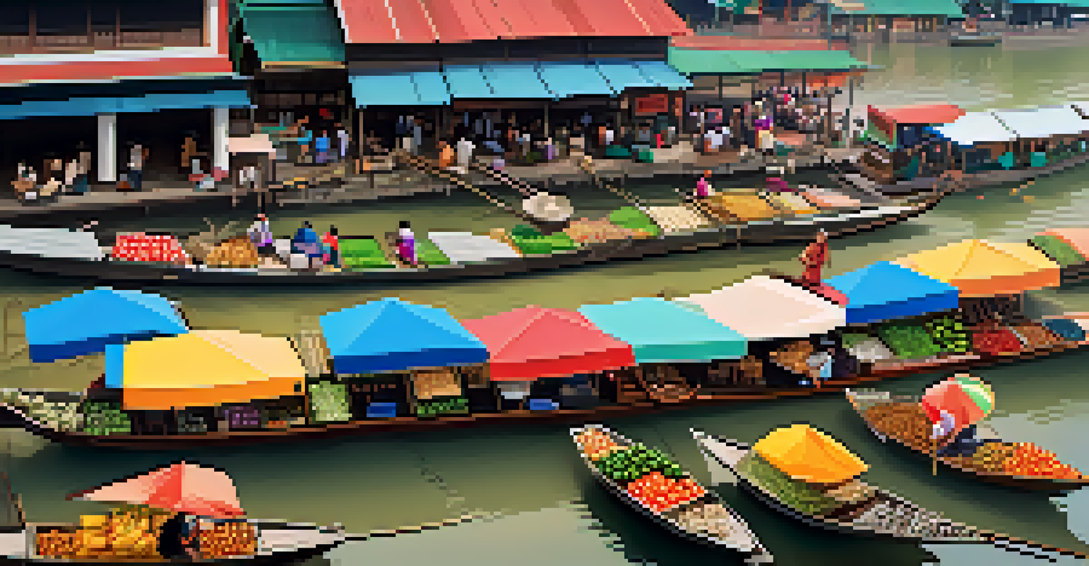 A vibrant riverside market in Thailand, bustling with activity, colorful stalls, and locals engaging with tourists by the river.