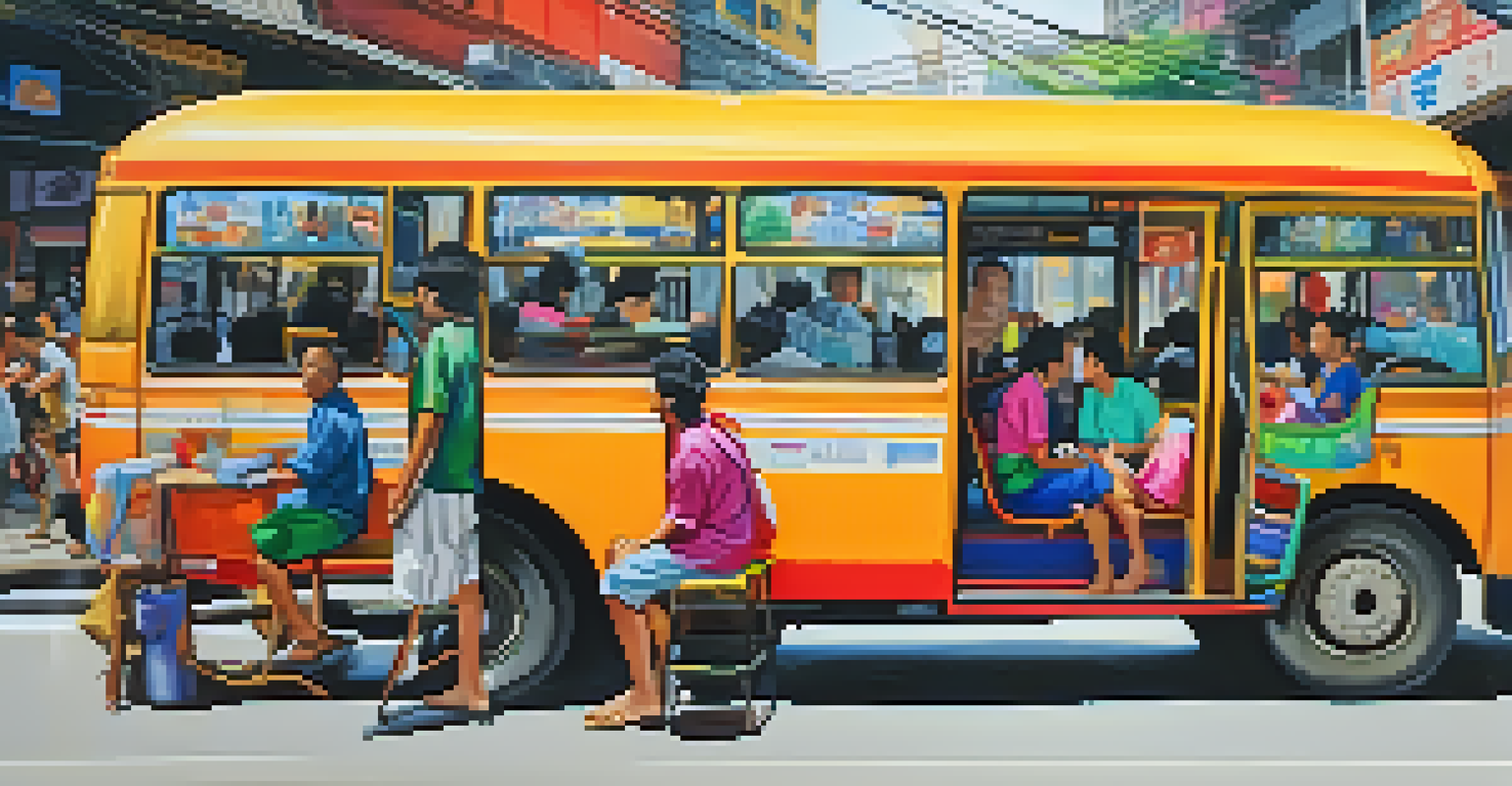 The interior of a colorful Thai bus with passengers, showcasing daily life through the windows showing street vendors and shops.