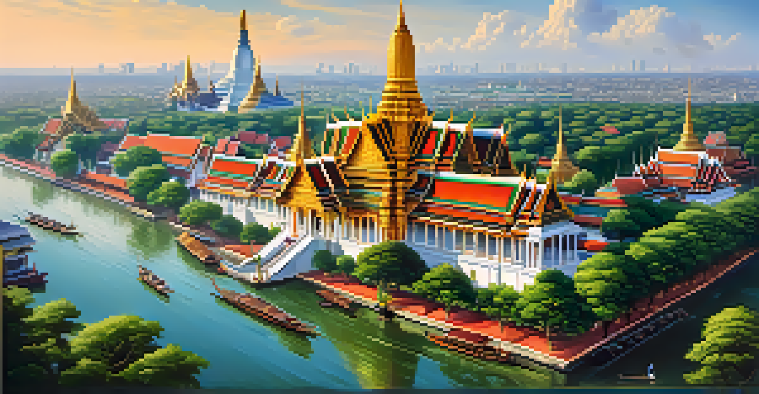 An aerial view of the Grand Palace in Bangkok, highlighting its intricate architecture and golden spires surrounded by greenery and the river.