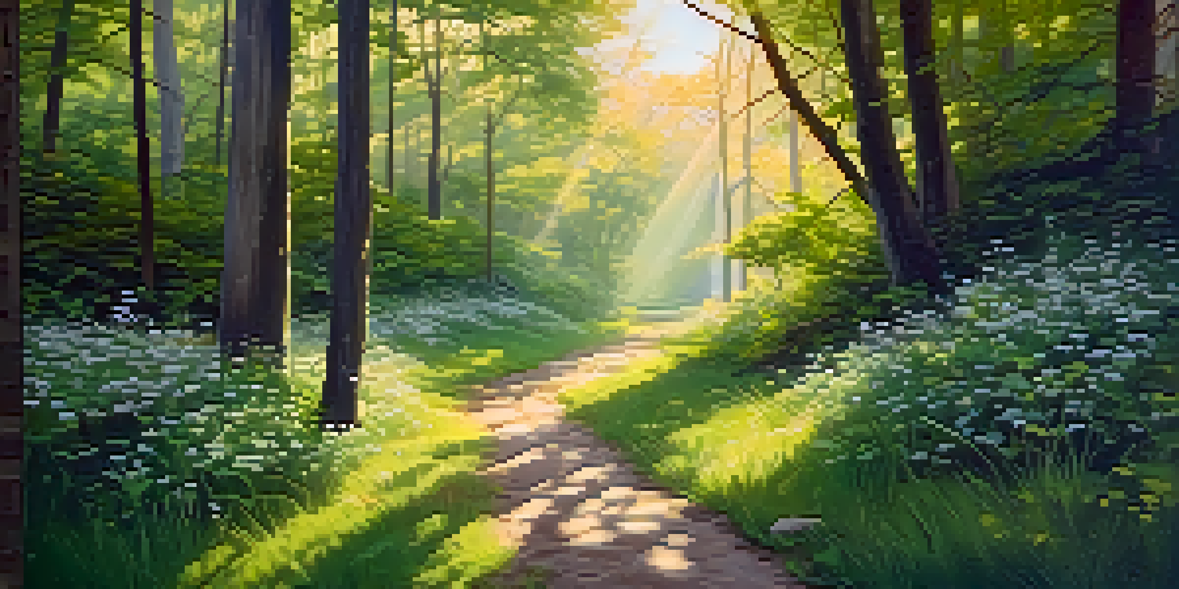 A peaceful forest path bathed in soft morning light, surrounded by greenery and wildflowers.