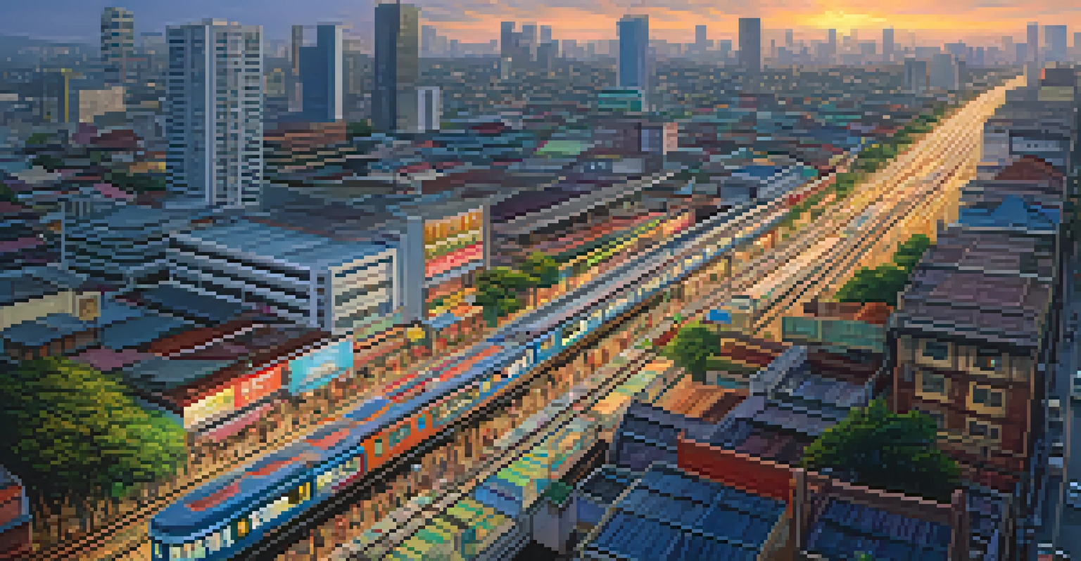 Aerial view of Bangkok with the Skytrain and vibrant street market at dawn.