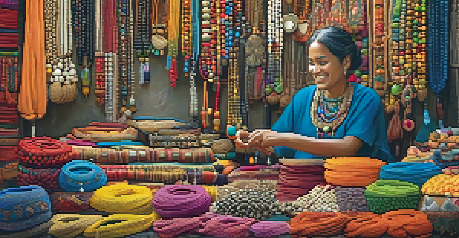 A friendly vendor showcasing handcrafted jewelry and textiles in a colorful Thai market stall.
