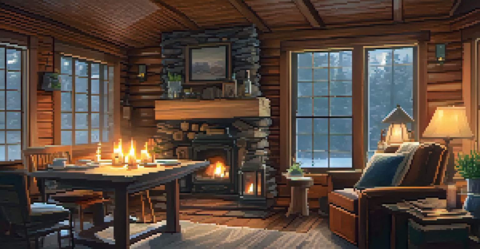 A cozy cabin interior with a wooden table, comfortable chairs, a fireplace, and journals for reflection.