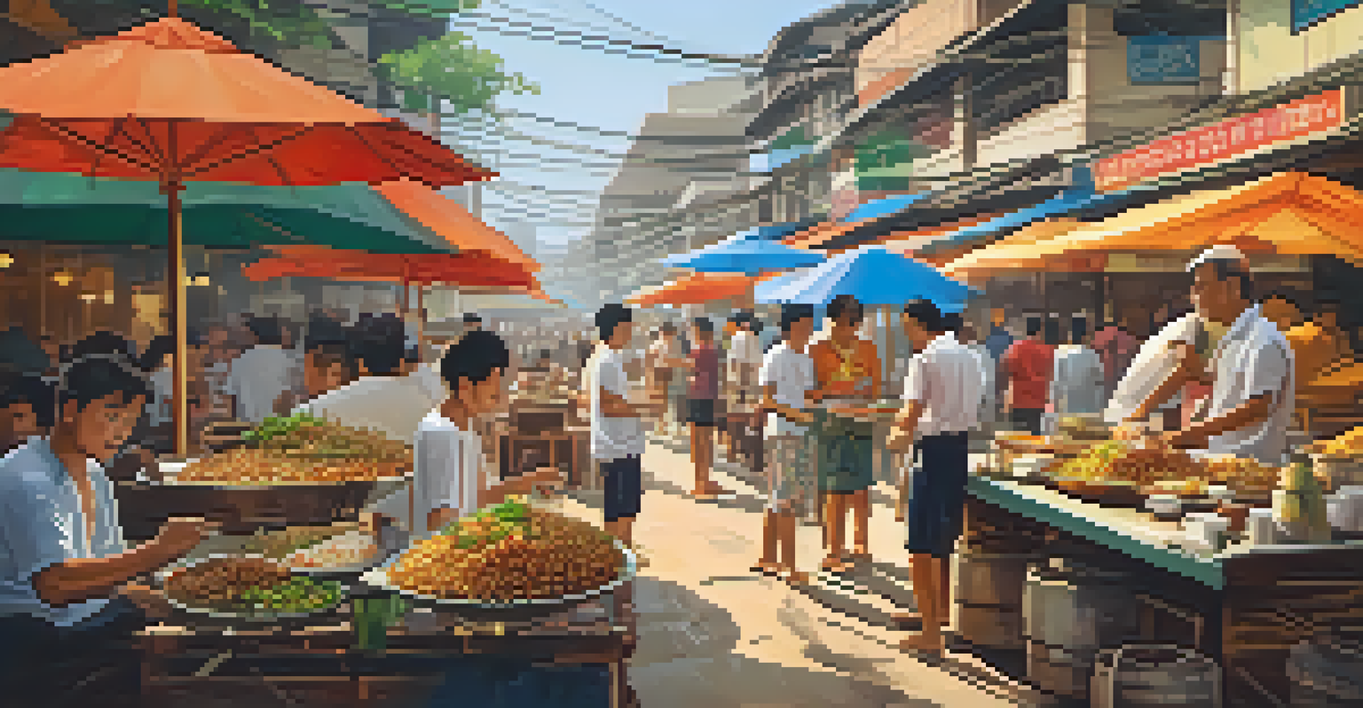 A bustling street food scene during Songkran with vendors and people enjoying traditional dishes.