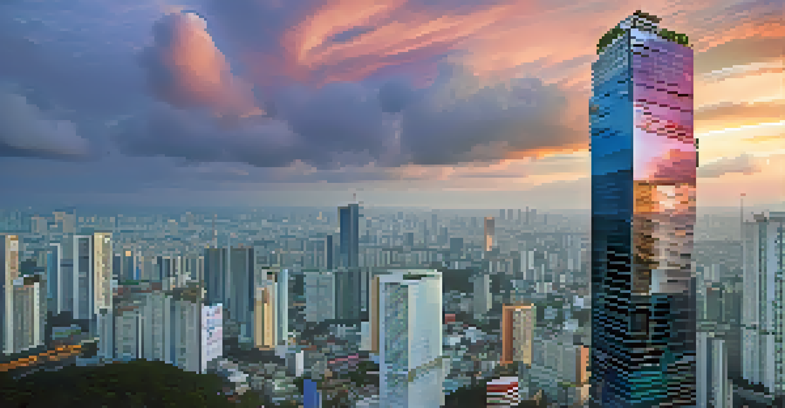 The MahaNakhon Tower in Bangkok with its pixelated façade, set against a colorful sunset sky.