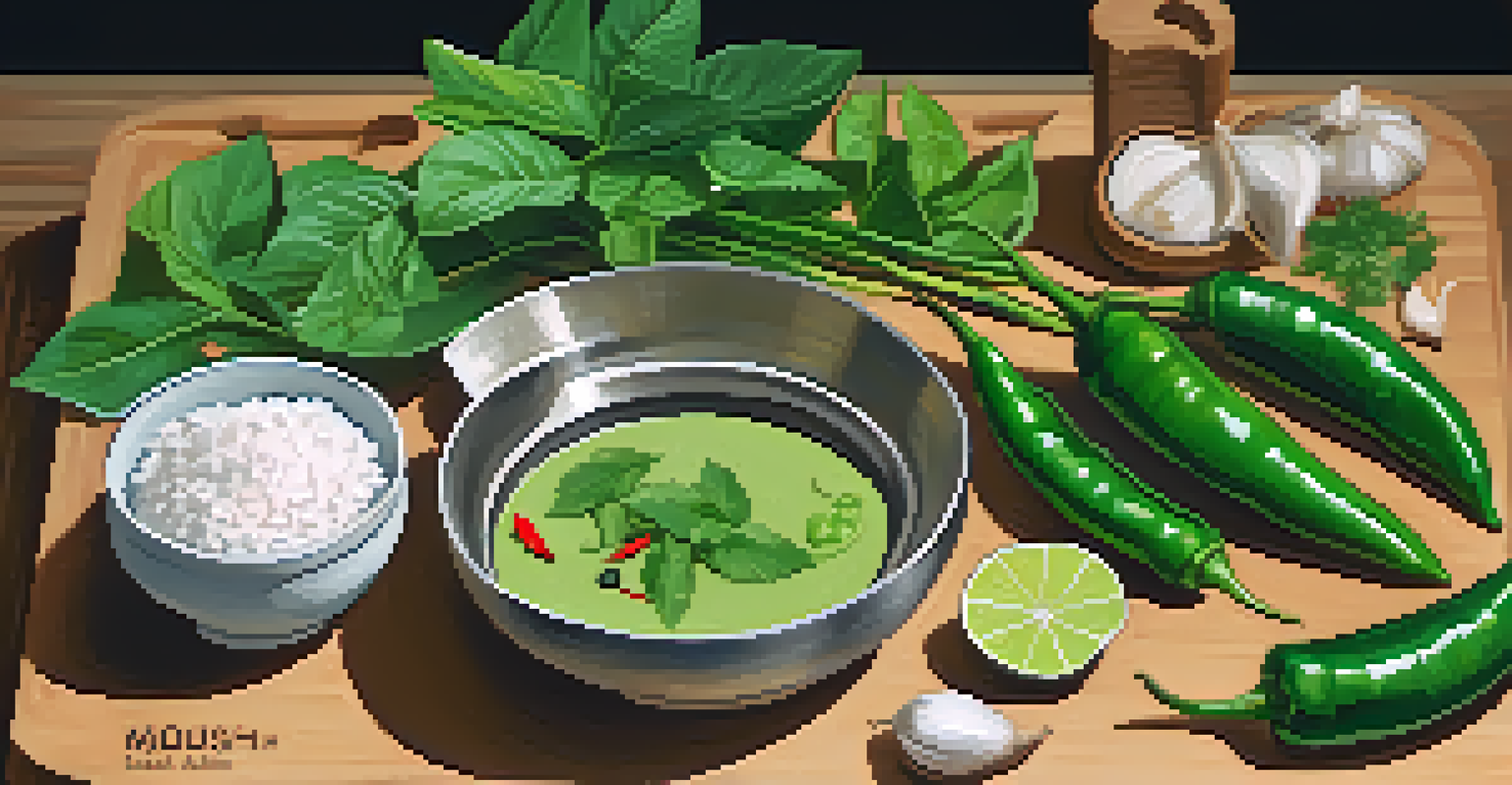 A flat lay of ingredients for green curry, including green chilies, basil, cilantro, and coconut milk, arranged on a wooden cutting board with a mortar and pestle.