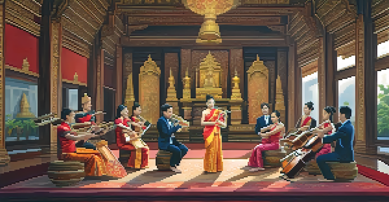 A classical Thai music performance featuring traditional instruments in a beautifully decorated hall with warm lighting.