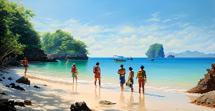 A group of adventurers in snorkeling gear at a beach in Thailand, with clear waters and visible coral reefs.
