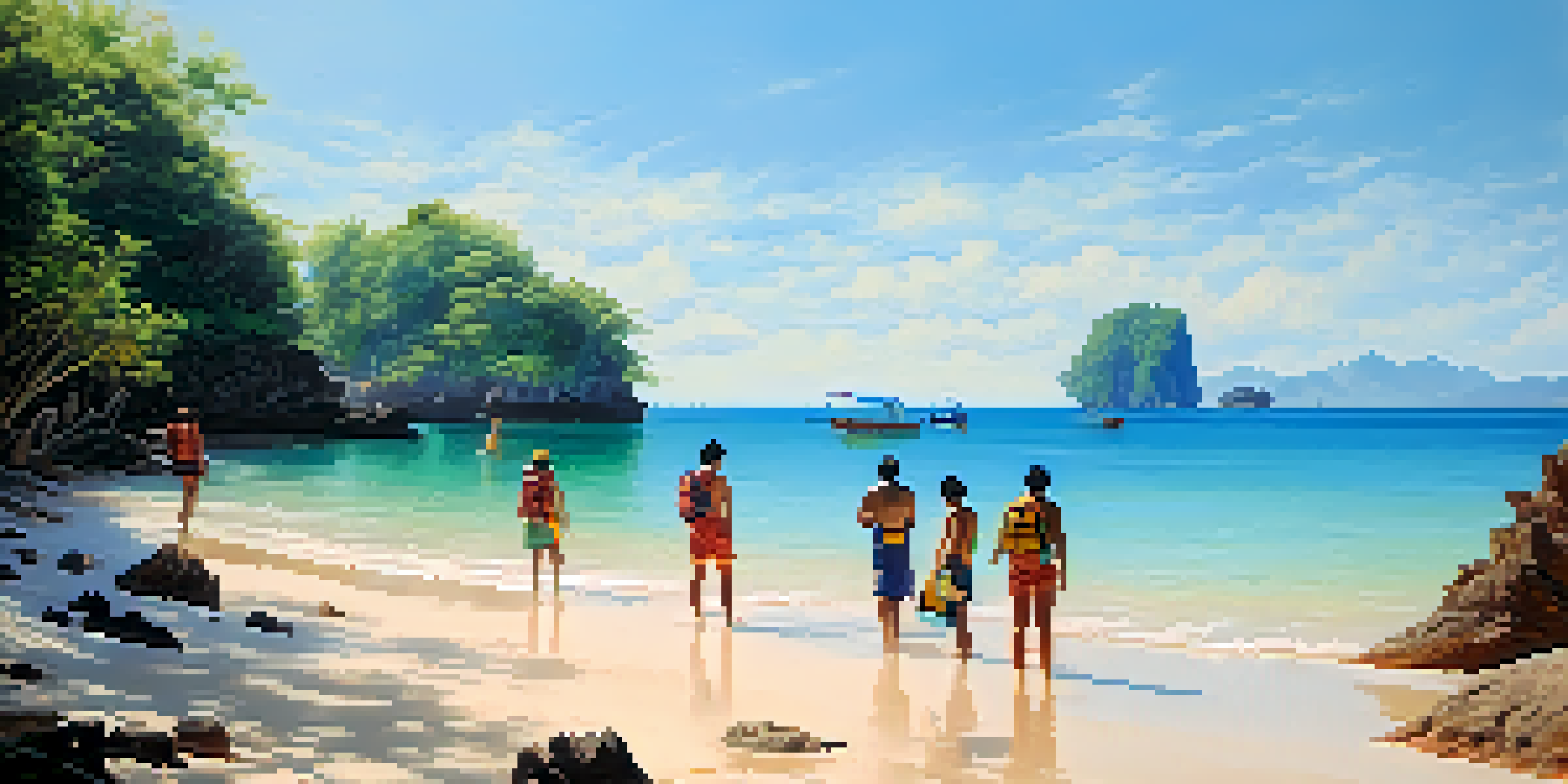 A group of adventurers in snorkeling gear at a beach in Thailand, with clear waters and visible coral reefs.