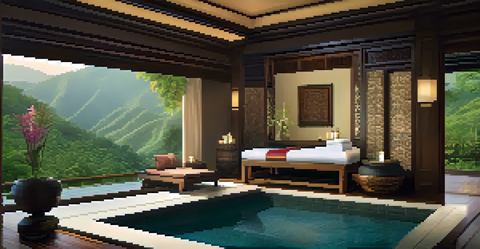A luxurious spa suite in Chiang Mai with Thai decor, warm lighting, and herbal ingredients being prepared for a massage.