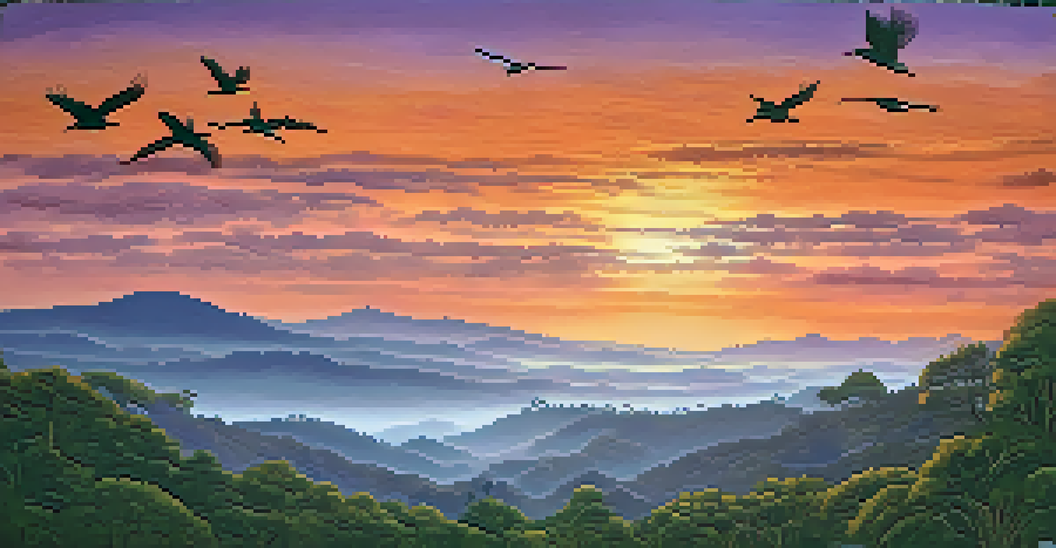 A sunset in Doi Inthanon National Park with silhouetted birds flying against a colorful sky, surrounded by hills and mountains.
