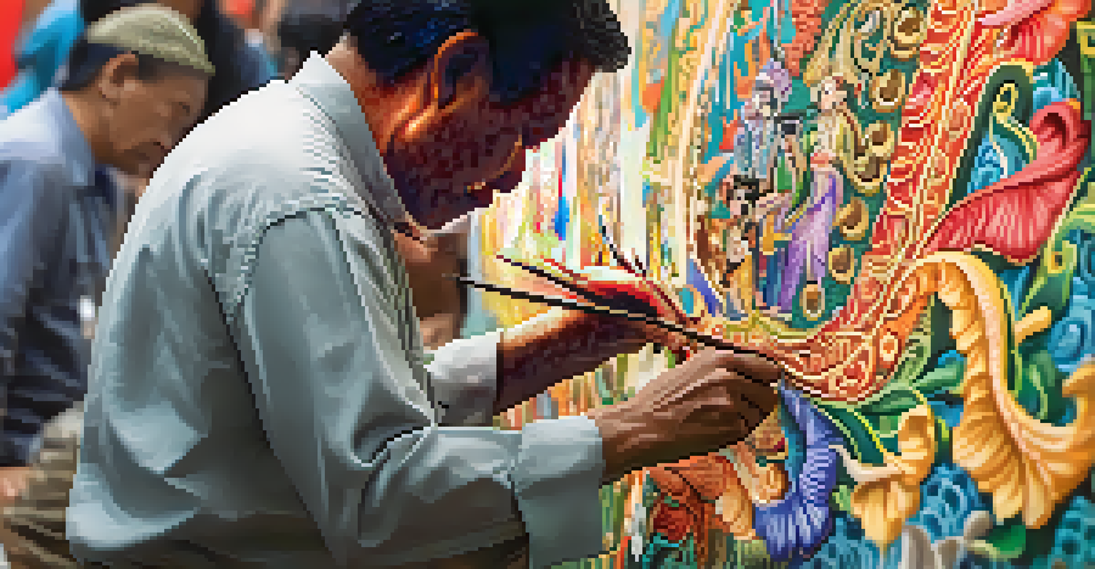An artist creating a traditional Thai mural at an art fair, surrounded by admirers.