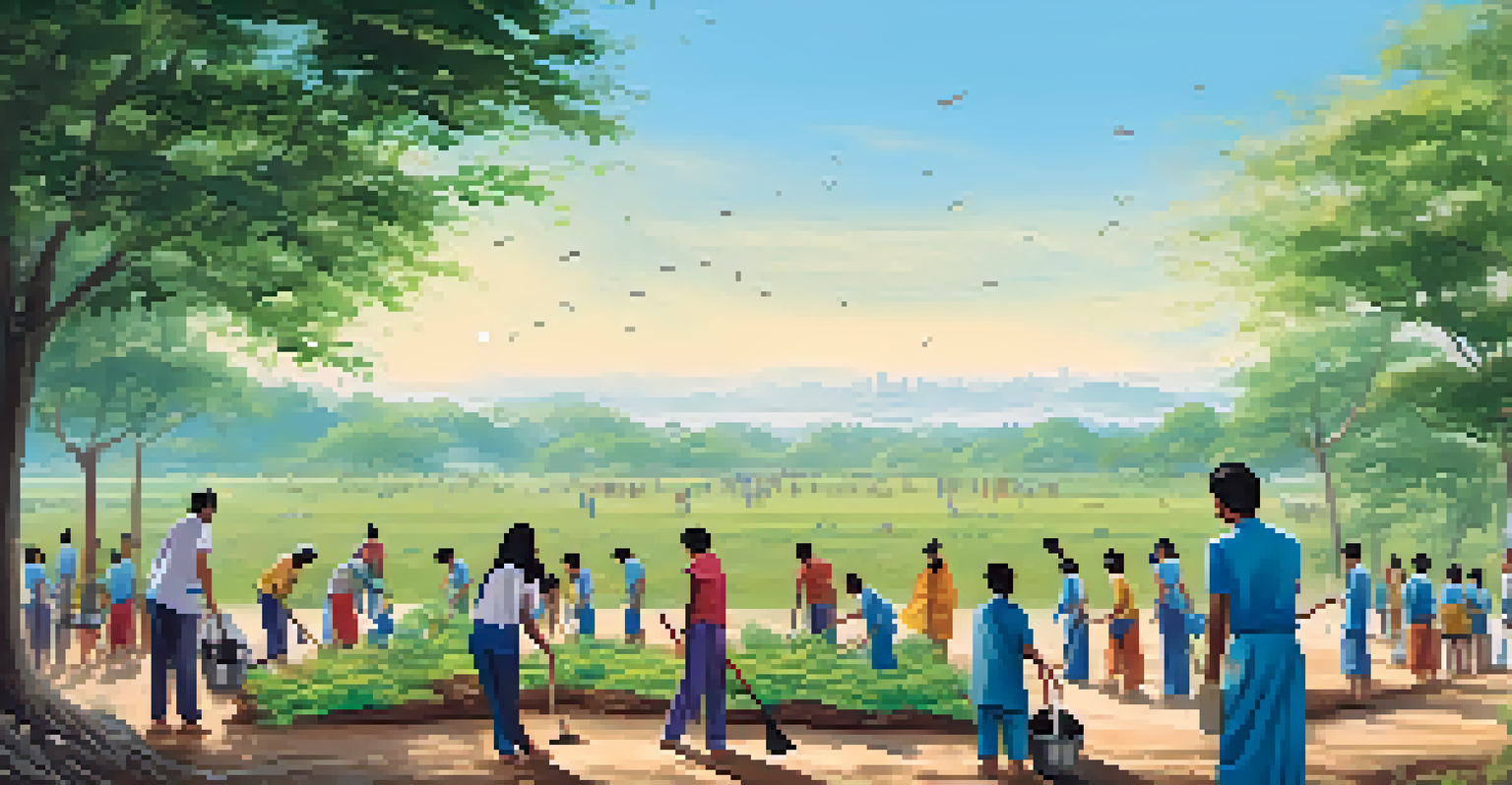 Community members participating in a clean-up campaign during Visakha Bucha, working together in a green outdoor setting.