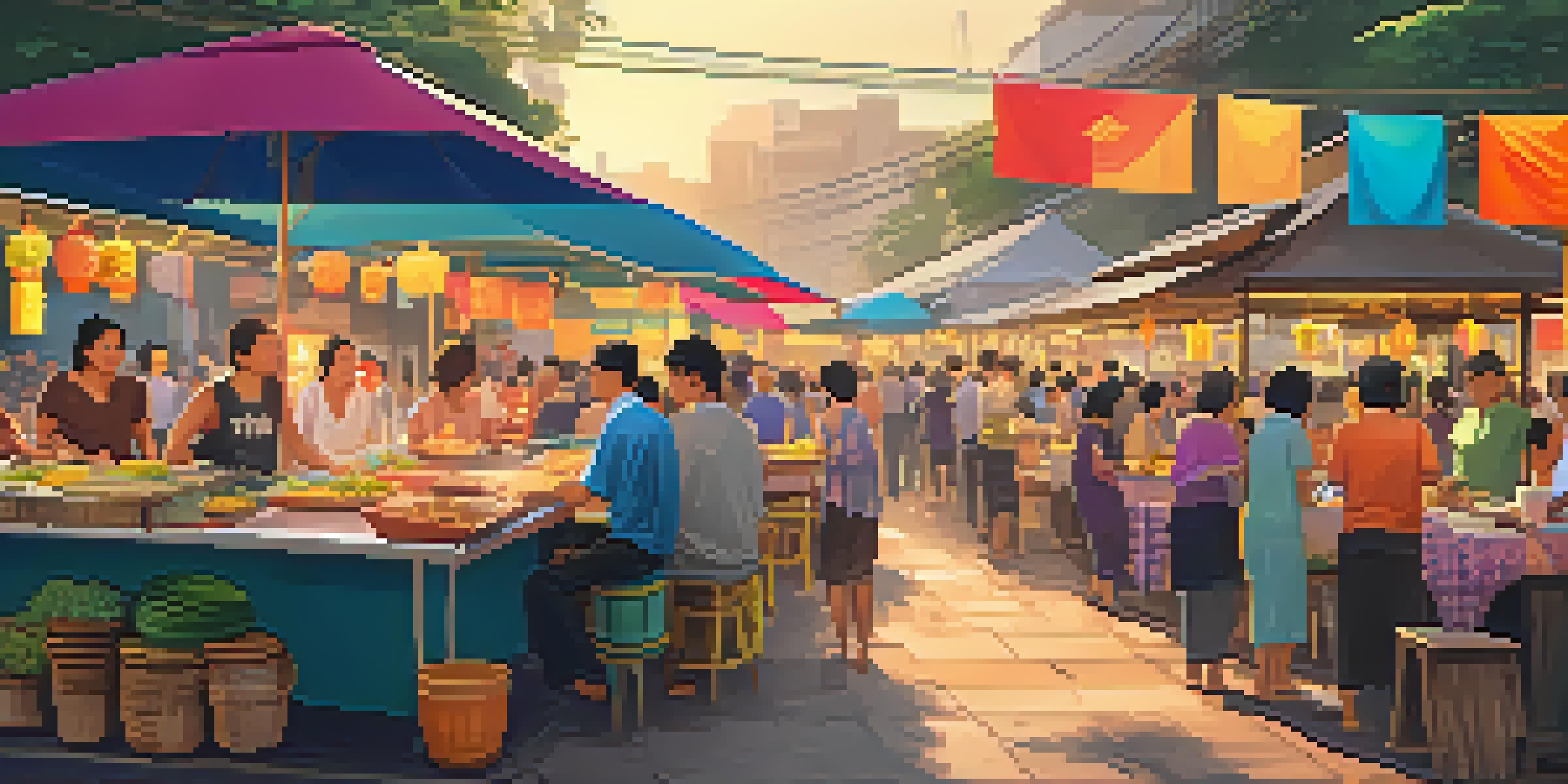 A bustling Thai street food market with people eating and various colorful dishes displayed.