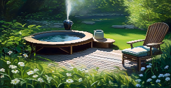 A tranquil outdoor spa with a wooden lounge chair, herbal tea on a table, and a gentle stream in the background.
